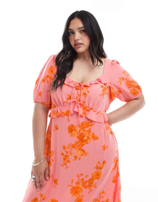 New Look Curve - Vestito midi milkmaid rosa a fiori con volant, 4 di 4