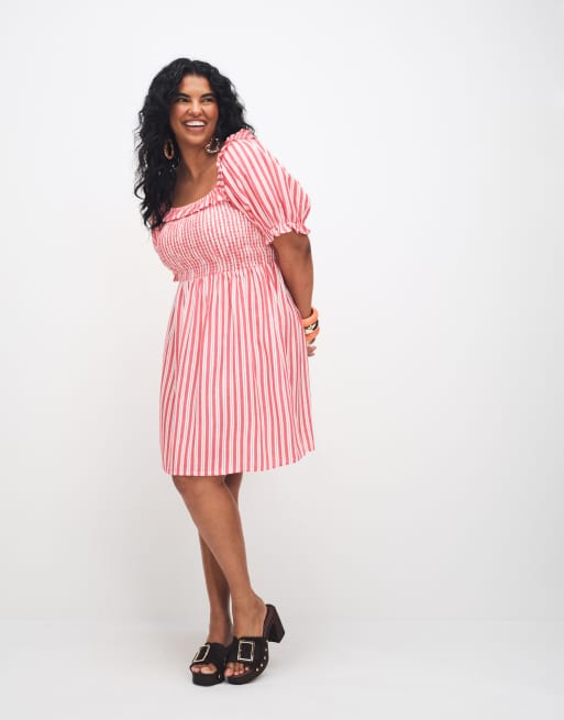 New Look Curve - Vestito milkmaid corto rosso a righe con volant, 3 di 7