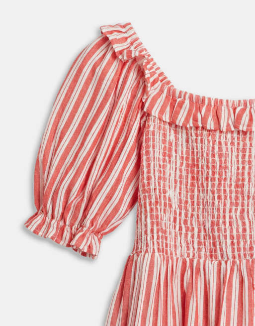 New Look Curve - Vestito milkmaid corto rosso a righe con volant, 7 di 7