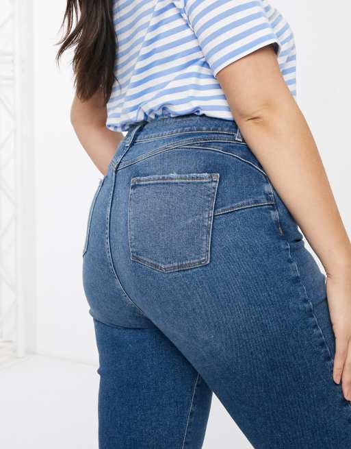 New Look Curve waist enhancing mom jeans in mid blue ASOS