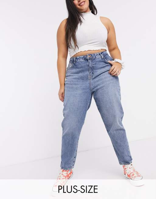 New Look Curve waist enhancing mom jeans in mid blue