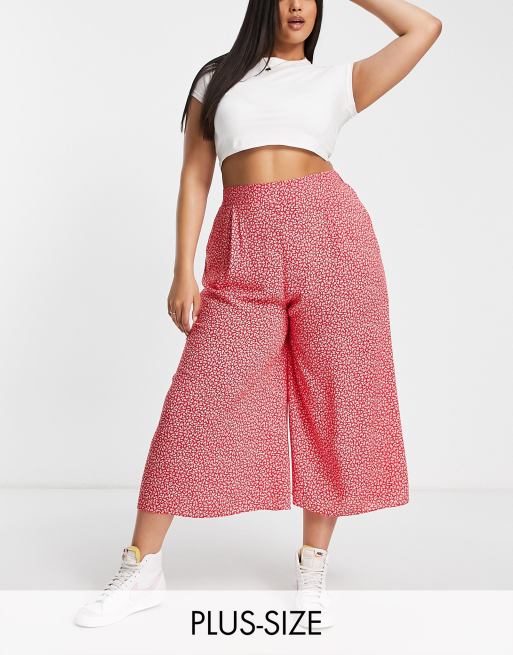 New Look Curve wide leg cropped trouser in red ditsy floral ASOS