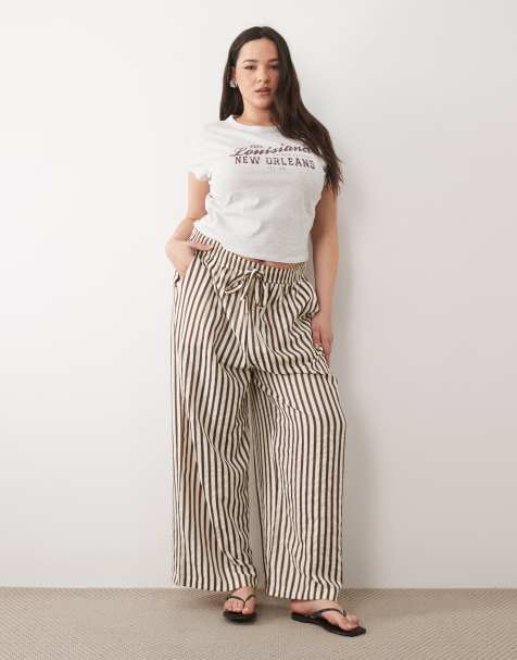 New Look Curve wide leg stripe trousers in brown - view 1