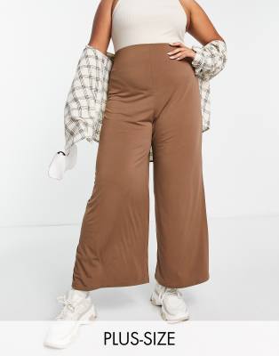New Look Plus New Look Curve wide leg trouser in brown