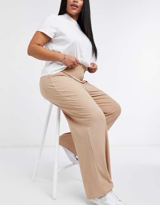 New Look Curve wide rib trousers in camel