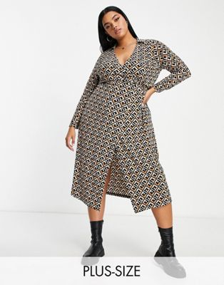 New Look Curve wrap collared midi dress in brown geometric print
