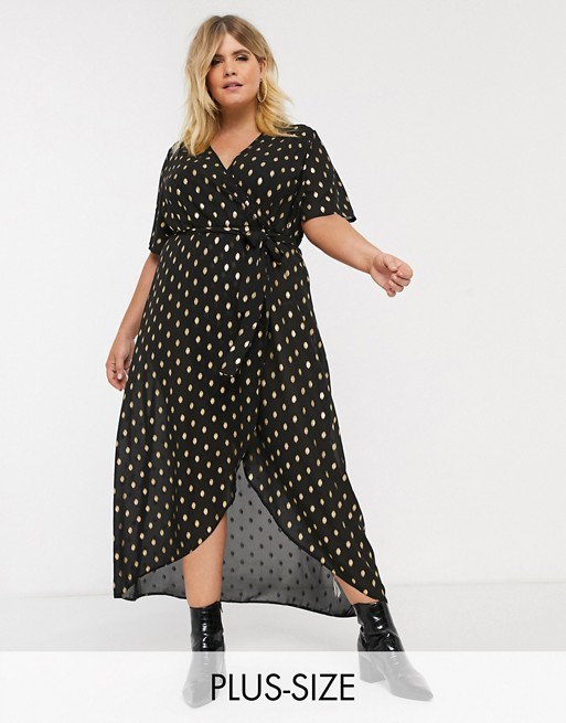 New Look Curve wrap dress in gold polka dot