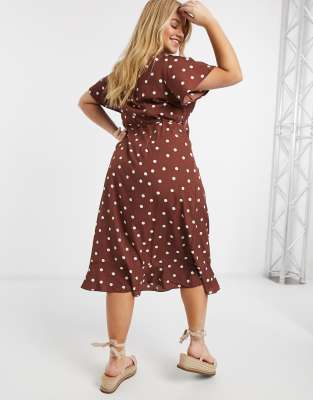 brown polka dot wrap dress