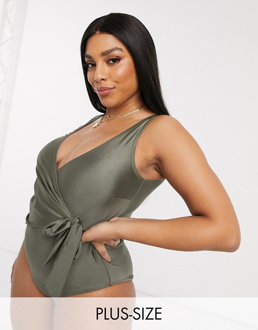 New Look Curve wrap tie front swimsuit in khaki