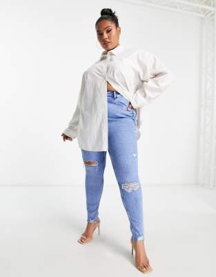 New Look Curve – Zerrissene Skinny-Jeans in Mittelblau