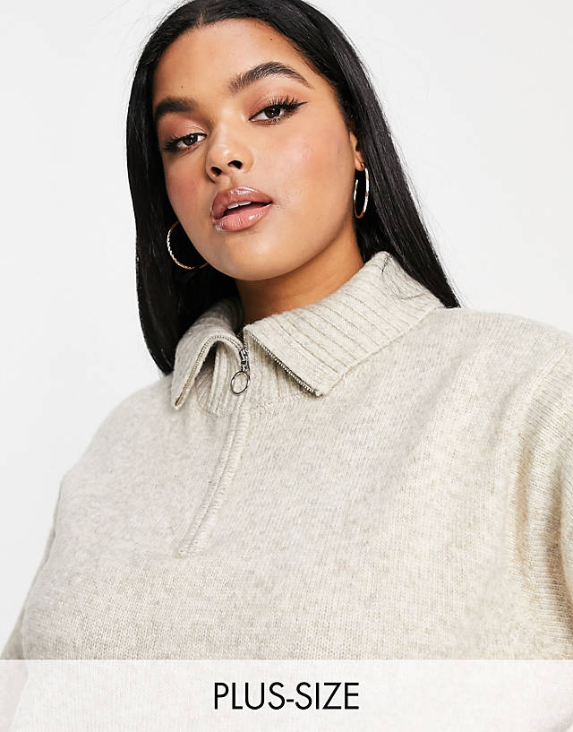 New Look Plus -  New Look Curve zip through collared jumper in oatmeal