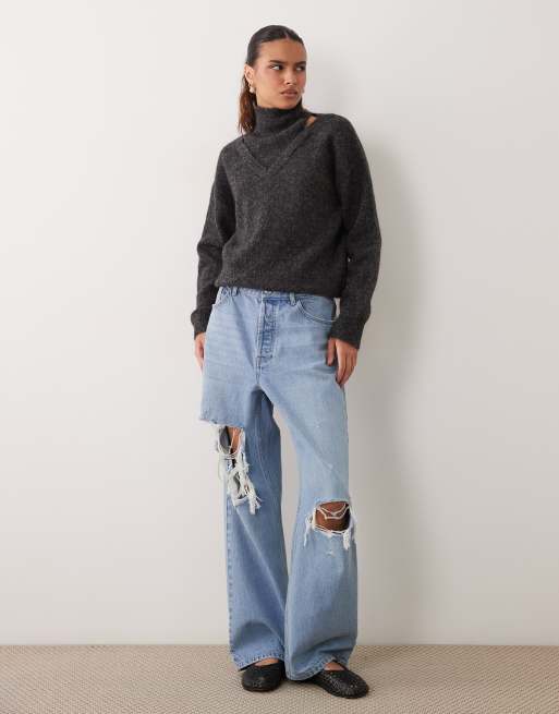 New Look cut out detail jumper in grey, 3 of 4