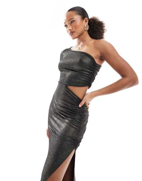 New Look cut out midi one shoulder dress in gold foil - view 1