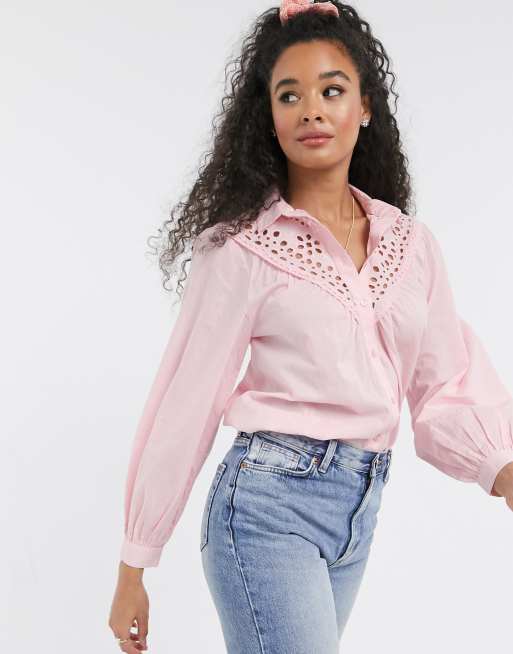 New Look cutwork lace detail blouse in light pink | ASOS