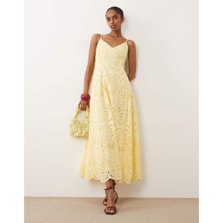 New Look cutwork lace strappy midi dress in yellow | ASOS
