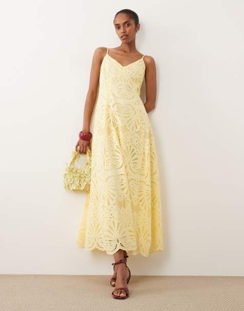 New Look cutwork lace strappy midi dress in yellow