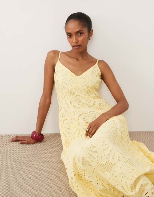 New Look cutwork lace strappy midi dress in yellow | ASOS