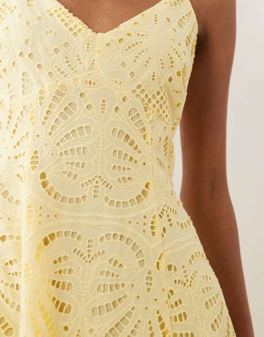 New Look cutwork lace strappy midi dress in yellow | ASOS