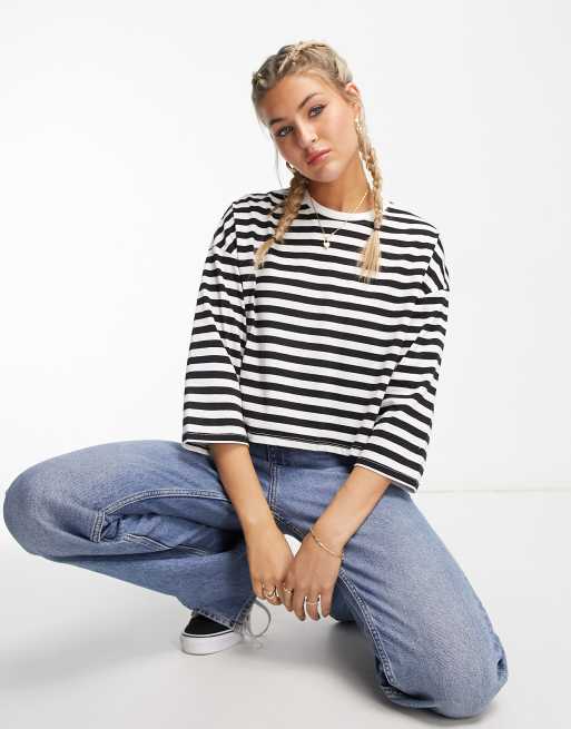 New Look – Czarn-biały T-shirt oversize w paski z rękawami 3/4