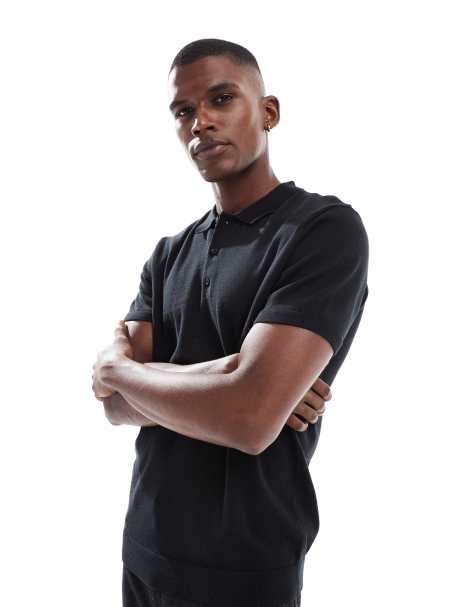 New Look short sleeve knitted polo in black