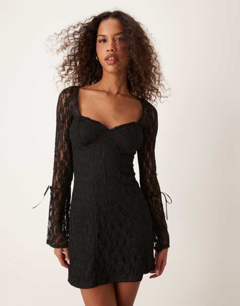 New Look lace long sleeve mini skater dress in black