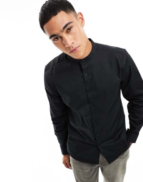 New Look grandad collar long sleeve shirt in black