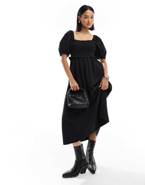 New Look shirred puff sleeve linen blend midi dress in black