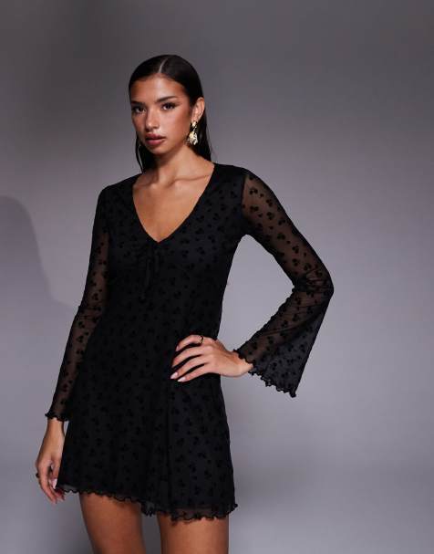 New Look flocked v-neck mesh mini dress in black