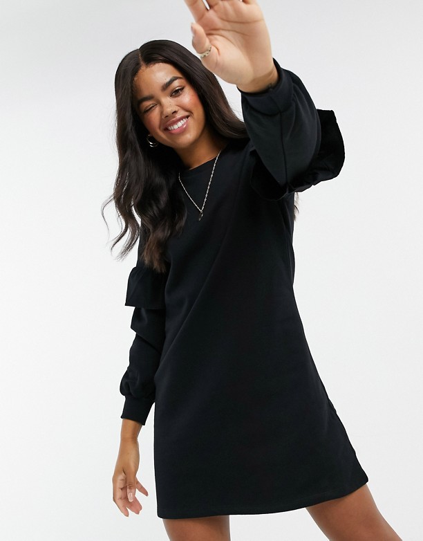  Nowy Najlepszy New Look – Czarna sukienka dresowa mini z falbanką na rękawach Czarny