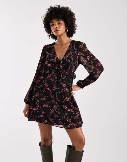New Look – Czarna szyfonowa sukienka mini z długimi rękawami w kwiatowy wzór