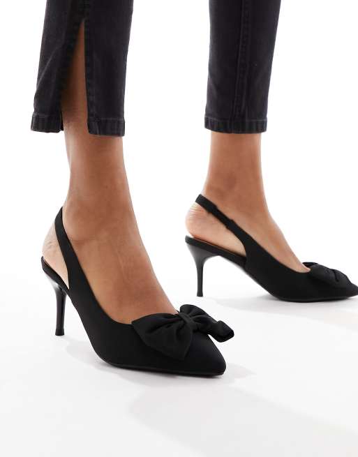 New Look – Czarne buty na obcasie z paskiem za piętą i satynową kokardą