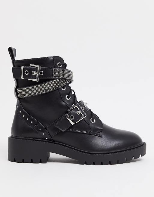 New Look – Czarne sznurowane buty typu biker z ozdobnymi kryształkami