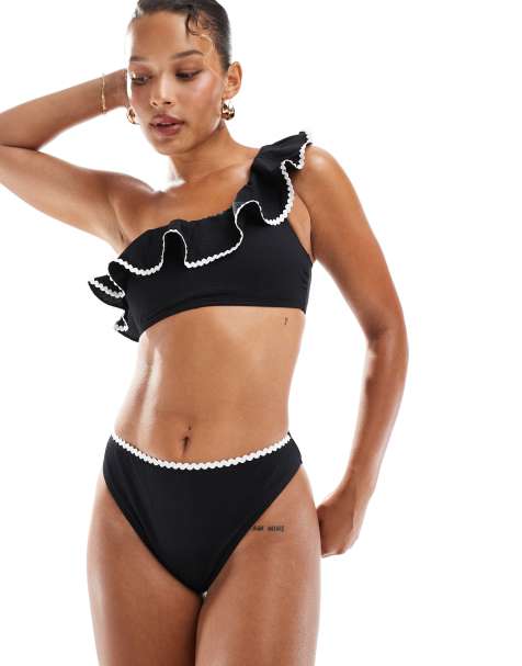 New Look one shoulder blanket stitch bikini bottoms in black