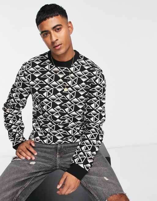 New Look – Czarny dzianinowy sweter o luźnym fasonie z okrągłym dekoltem w geometryczny wzór