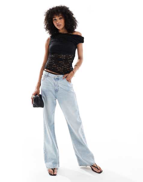 New Look fallen shoulder lace top in black