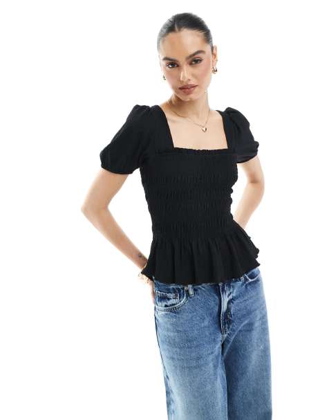 New Look – Czarny marszczony top z bufkami - view 1