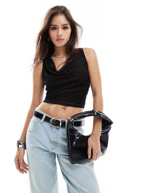 New Look – Czarny prześwitujący top z drapowanym dekoltem