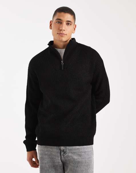 New Look fisherman knit 1/4 zip jumper in black