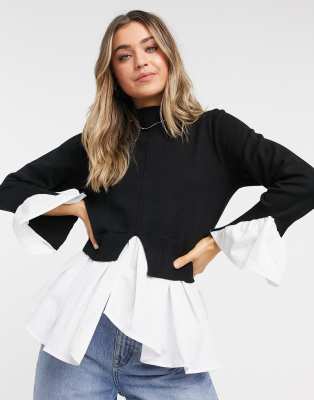 New Look – Czarny sweter z koszulą popelinową 2 w 1