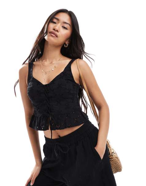 New Look lace up broderie cami top in black