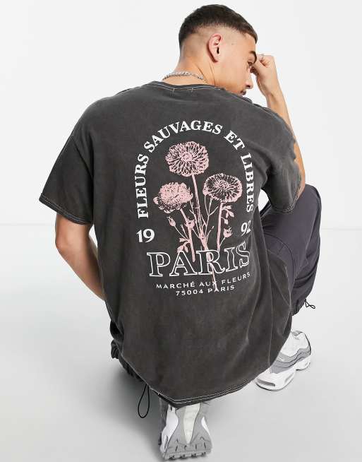 New Look – Czarny T-shirt oversize z nadrukiem kwiatów z motywem Paris