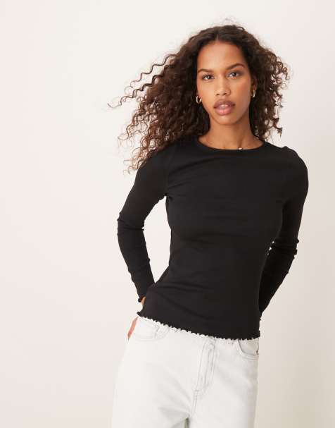 New Look long sleeve lettuce edge top in black