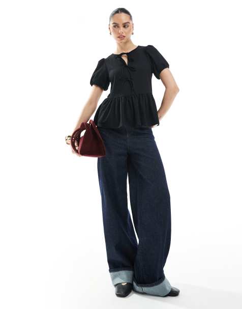 New Look tie front peplum top in black