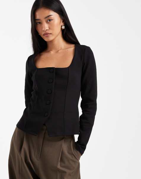 New Look – Czarny top z zapięciem na guziki, długimi rękawami i kwadratowym dekoltem - view 1
