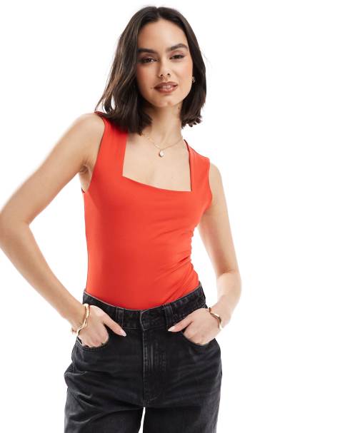 New Look square neck slinky bodysuit in red