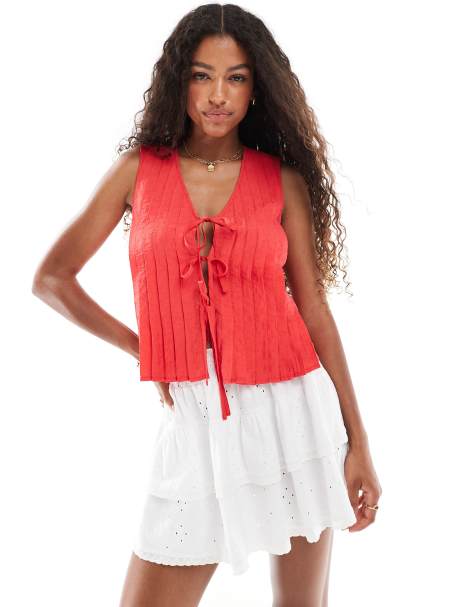 New Look pleated tie front shell top in red