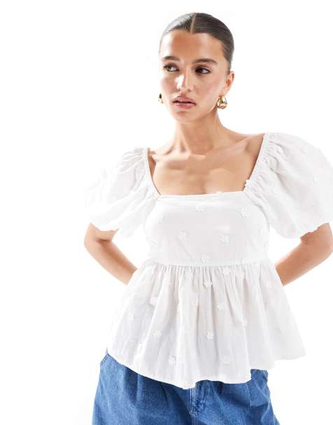 New Look daisy embroidered puff sleeve peplum top in white - view 1
