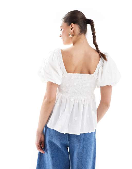 New Look daisy embroidered puff sleeve peplum top in white, 2 of 4