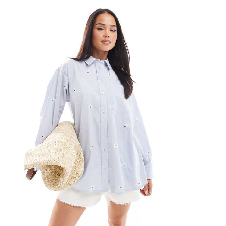 New Look daisy embroidered shirt in blue | ASOS