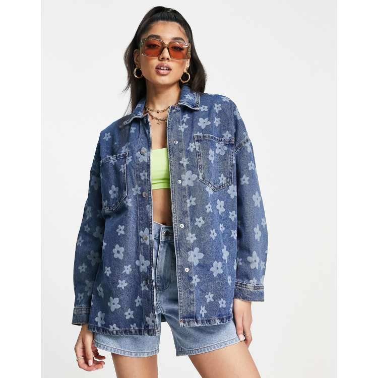 New Look daisy print denim jacket in mid blue wash